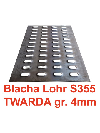 Blacha Lohr stal TWARDA S355 4-otw. grubość 4mm 50x300cm Certyfikat VDI 2700 Laweta Najazd Platforma Pomoc drogowa