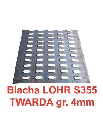Blacha Lohr stal TWARDA S355 MC 4mm 5-otw. 62x250cm Certyfikat VDI 2700 Laweta Najazd Platforma Pomoc drogowa Holownik