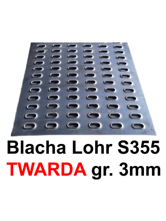 Blacha Lohr stal TWARDA S355 MC 3mm 6-otw. 75x300cm Certyfikat VDI 2700 Laweta Najazd Platforma Pomoc drogowa