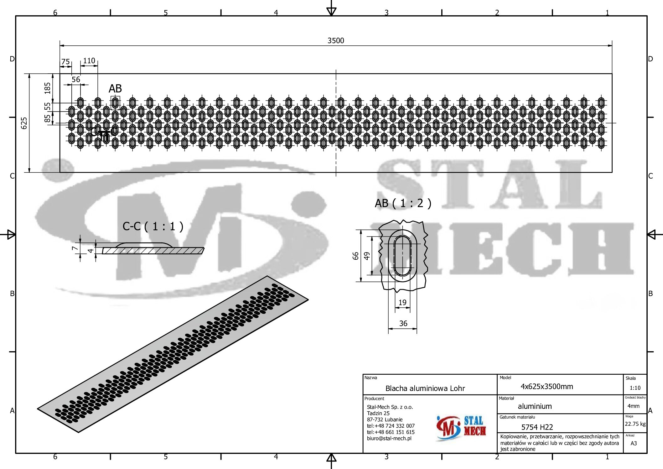 Blacha Lohr aluminiowa 3-4-otw. 62x350cm Laweta Najazd Platforma Pomoc drogowa