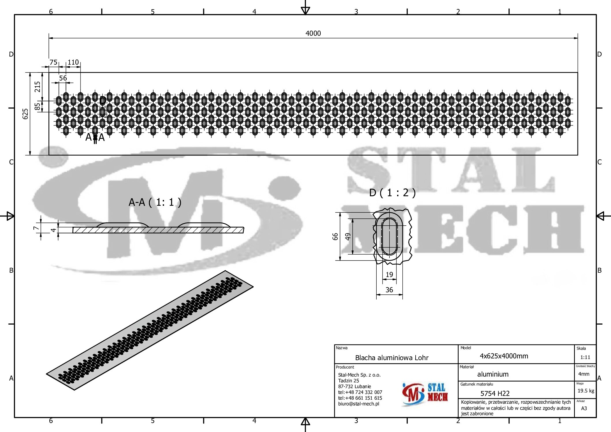 Blacha Lohr aluminiowa 3-4-otw. 62x400cm Laweta Najazd Platforma Pomoc drogowa