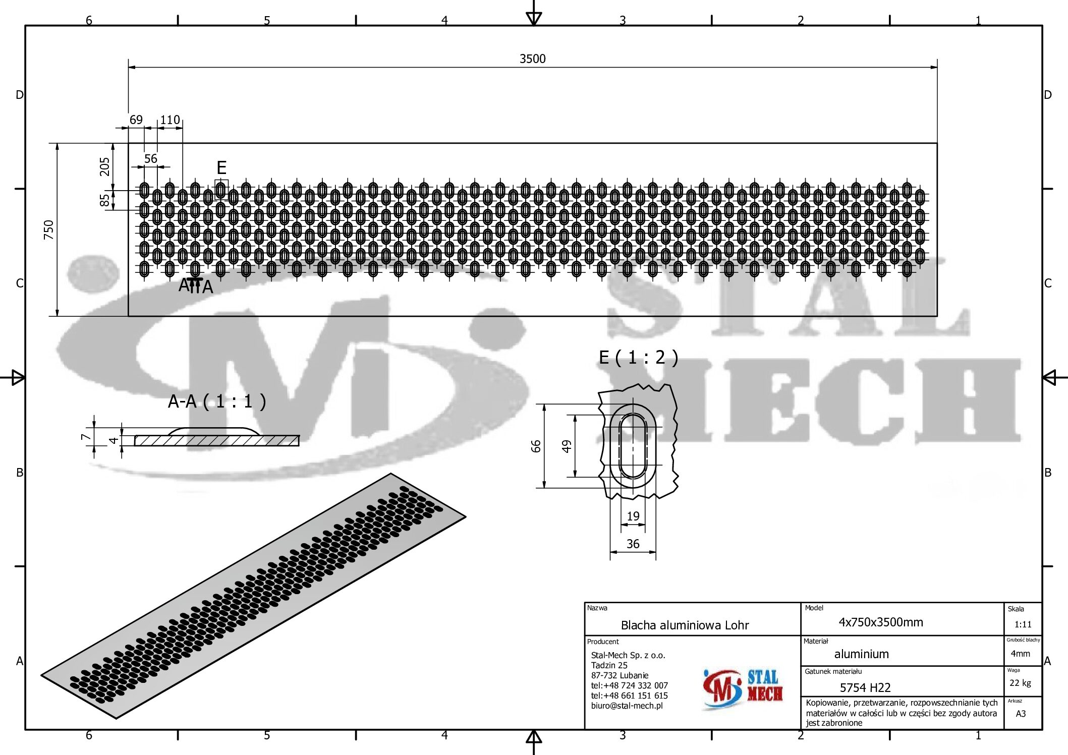 Blacha Lohr aluminiowa 4-5-otw. 75x350cm Laweta Najazd Platforma Pomoc drogowa