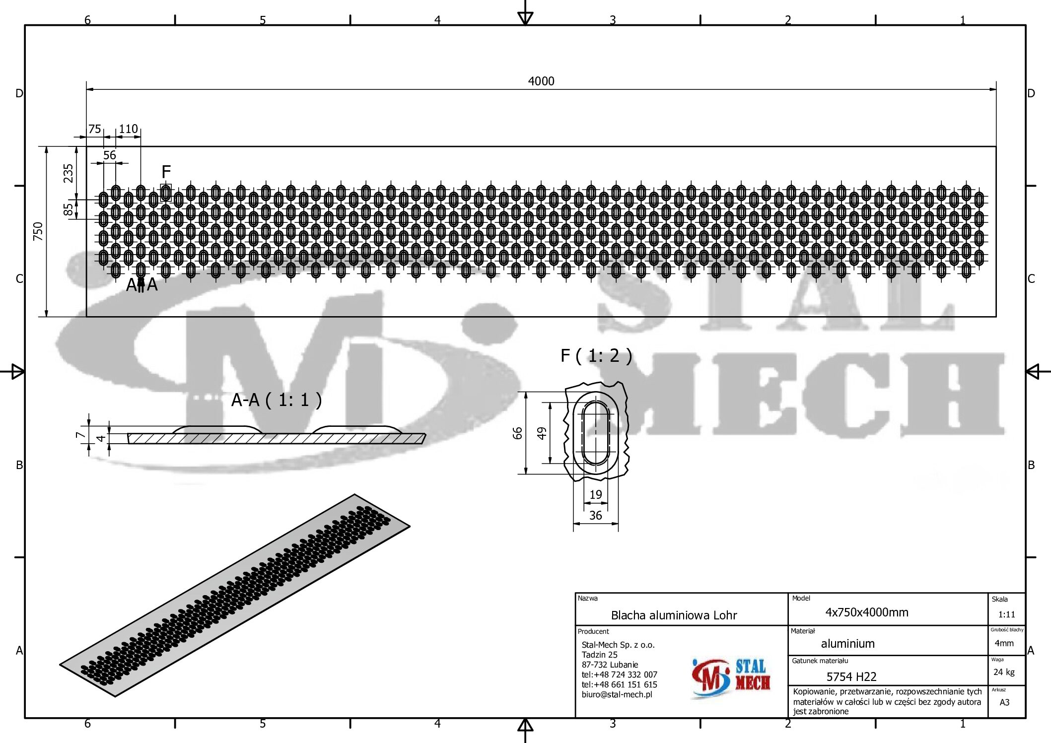 Blacha Lohr aluminiowa 4-5-otw. 75x400cm Laweta Najazd Platforma Pomoc drogowa